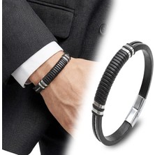 Fm 💎 Premium Siyah Deri ve 316L Halat Çelik Erkek Bileklik 31834B19D2 - 21 cm