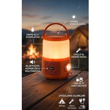Azurtech Güneş Enerjili Kamp Lambası Bluetooth Hoparlörlü Solar Şarjlı LED Fener Powerbank USB & Tf Kart Destekli