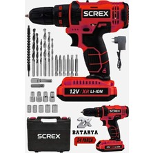 SCREX 12V Metal Şanzıman Çift Akülü Darbeli Şarjlı Matkap 24 Parça Akülü Vidalama Akülü Matkap Seti