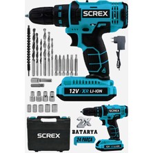 SCREX 12V Metal Şanzıman Çift Akülü Darbeli Şarjlı Matkap 24 Parça Akülü Vidalama Akülü Matkap Seti