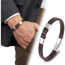 Fm 💎 Premium Erkek Beyaz Çelik Ve Kahve Deri Bileklik 31834B4D3