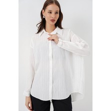 Çizgili Oversize Gömlek 20293 - Beyaz