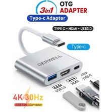 Derwell Type-C To HDMI USB 3.0 Type-C 3.1 (Pd Şarj) Çevirici Dönüştürücü 4K Ultra Full Hd 3D Süper Görüntü Notebook/pc/macbook Için Çoklu Seçenek 3in1 Type-C Adaptör