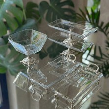 Çnr Home Collection Vintage 5 Parça Gümüş-Gold Kristal Sunum Seti - Kase, Ayaklı Tabak ve Kulplu Tepsi Gold