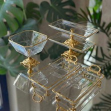 Çnr Home Collection Vintage 5 Parça Gümüş-Gold Kristal Sunum Seti - Kase, Ayaklı Tabak ve Kulplu Tepsi Gold