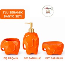 Aşkana 3’lü Seramik Fil Figürlü Turuncu Dekoratif Banyo Seti,diş Fırçalık+Sıvı Sabunluk+Katı Sabunluk