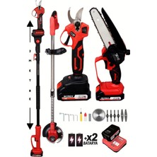 SCREX Profesyonel 4’lü Set Şarjlı Makas Testere Tırpan ve Teleskopik Uzatma 2 Metre