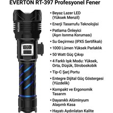 Everton RT-397 Profesyonel Beyaz Lazer LED El Feneri - 1000 Lümen Şarjlı Dijital Göstergeli Taktik Fener