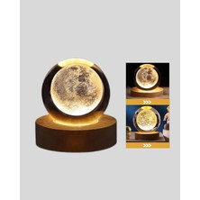 Lims Store 8 cm Ay Desenli Kristal Küre Sıcak LED Işıklı Ahşap Tabanlı Oda Lambası