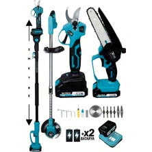 SCREX Profesyonel 4’lü Set Şarjlı Makas Testere Tırpan ve Teleskopik Uzatma 2 Metre