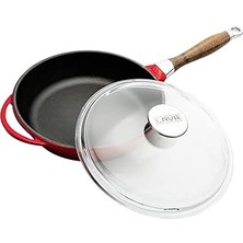 Starseven Lava Metal Cam Kapaklı Ahşap Kulplu Yuvarlak Kızartma Tavası, 24 Cm, Kırımızı