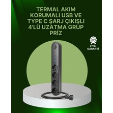 Lims Store 4 Priz 2 USB 1 Type-C Akım Korumalı Çoklu Priz LED Anahtarlı
