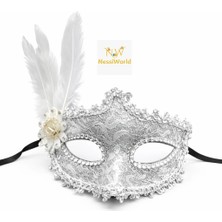 NessiWorld Lüks Beyaz Tüylü Venedik Maskesi - Taşlı Dantel Tasarım