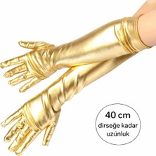 Çerçici Altın Renk Dirsek Altı Lüks Saten Eldiven 40 cm