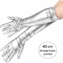 Çerçici Gümüş Renk Dirsek Altı Lüks Saten Eldiven 40 cm