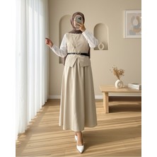 Modamorfo Çapraz Düğmeli Kemerli Yelek Etek Takım -Bej