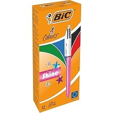 Starseven Bic 4 Colours Shine Pembe Gövde Tükenmez Kalem 12'li Kutu, 4 Renk (Mavi, Siyah,yeşil Kırmız