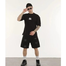 Sun&north Unisex Bisiklet Yaka Baskılı Oversize T-Shirt - Siyah