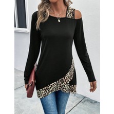Gacha Kadın Tek O Uzdan Açık Askılı Uzun Kollu Leopar Detaylı Viskon Bluz