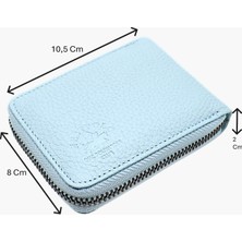Westpolo Hakiki Deri Kağıt Para ve Bol Şeffaf Kart Bölmeli, Fermuarlı Unisex Kartlık - Buz Mavi