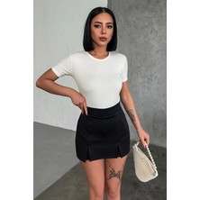 Derin Stok Rahat Kısa Kollu Bisiklet Yaka Likralı Viskon Penye Body Ekru