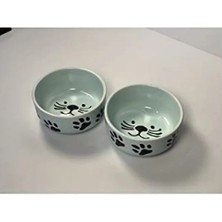 Esranın Dünyası Doğal Seramik Kedi Mama ve Su Kabı - Mavi Renk, 2'li Set