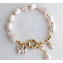 BNG AKSESUAR Gerçek Inci Pembe Kuvars Kelebekli Altın Takılan Gemici Kilit Gold Harfli Bileklik