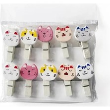 Esranın Dünyası Sevimli Kedi Tasarımlı Ahşap Notluk Mandal Seti - 10 Adet