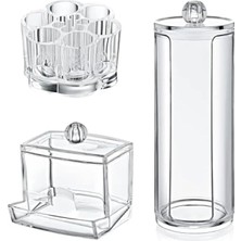 Esranın Dünyası 3'lü Akrilik Makyaj Organizer Seti - Pamukluk, Ruj'luk, Kulak Çubuğu Kutusu