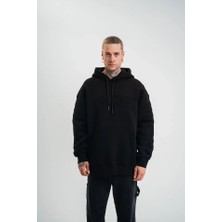 Meğdaix Double Oversize Kapşonlu Nakışlı Sweatshirt - Siyah