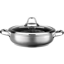 Starseven Leggno Titanium 28CM Sığ Tencere, Çelik Kulp, Özel Çerçeveli Cam Kapak Metalik Gri