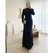 Modamorfo Taş Şeritli Beli Drapeli Saten Abiye -Siyah