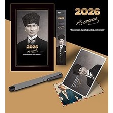 Starseven 2026 Kalpaklı Atatürk Ajandası Ayraç Kartpostal Kalem - Gri