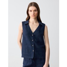 Jimmy Key Lacivert %100 Keten Kolsuz Dar Kesim Gömlek