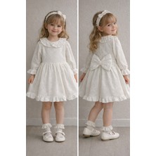 Bilge Trend Kız Bebek Çocuk, Bebe Yaka Ekru Elbise, Doğum Günü, Düğün, Bayramlık, Parti Elbisesi