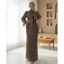 Modamorfo Kesme Boncuklu Şerit Payet Kemerli Abiye  -Açık Kahve