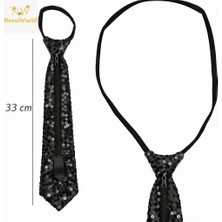 LTG Nova Mey Ithalat® Siyah Renk Pul Payetli Işıltılı Parti Kravatı 33 cm