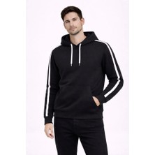 Deridün Yıldız Shoes Erkek Şeritli Kapüşonlu Sweatshirt Oversize 3 Iplik Pamuklu - Siyah