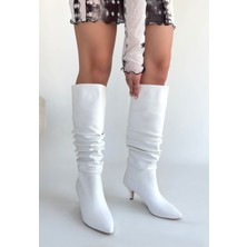 Zelya Beyaz Cilt Topuklu Çizme - Lisinya