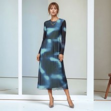 Mamayaga Kadın Uzun Kol Maxi Uzun Boy Şık Esnek Büyük Kalıp Bisiklet Yaka Batik Desen Elbise