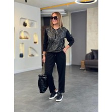 Nnstartshopping  Kadın Uzun Kollu Önden Fermuarlı Leopar Desenli Viskon Iki Iplik Bluz ve Pantolon Ikili Takım