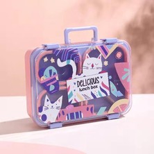 Bentopia Renkli Kedi Desenli Beslenme Kutusu - 700 ml 3 Bölmeli Taşıma Kulplu Çocuk Beslenme Kabı Pp