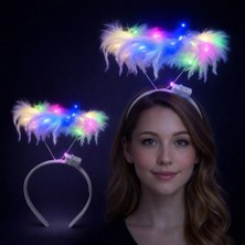 Starseven Renkli LED Işıklı Beyaz Tüylü Püsküllü Parti Tacı