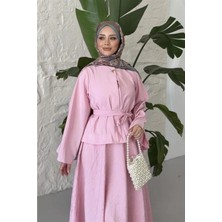 Moda Morfo Üstü Tek Düğmeli Bağcıklı Eteği Lastikli Kraş Takım -Pudra