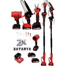 SCREX Profesyonel 4'lü Set 21V Teleskopik Kol & Bağ Makası & Yaprak Üfleme Makinesi & Budama Testeresi