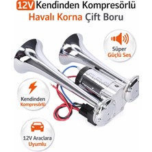 Carlone Havalı Korna 2 Borulu Krom Gövde Kendinden Kompresörlü 12V Roleli Tak Çalıştır