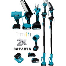 SCREX Profesyonel 4'lü Set 21V Teleskopik Kol & Bağ Makası & Yaprak Üfleme Makinesi & Budama Testeresi