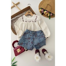 Miniğimin Cicileri Vintage Nakışlı Bluzlu Çiçek Desenli Denim Şortlu Kız Çocuk 2 Li Takım - Mavi