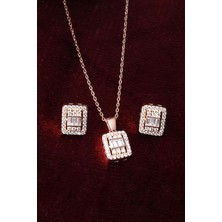 By Barun Baget Kolye Küpe Set 925 Ayar Yuvarklak Beyaz Taşlı Zirkon Gümüş Set