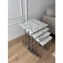 Başaran Mobilya Metal  Tekerlekli Krom Beyaz Mermer Zigon Sehpa